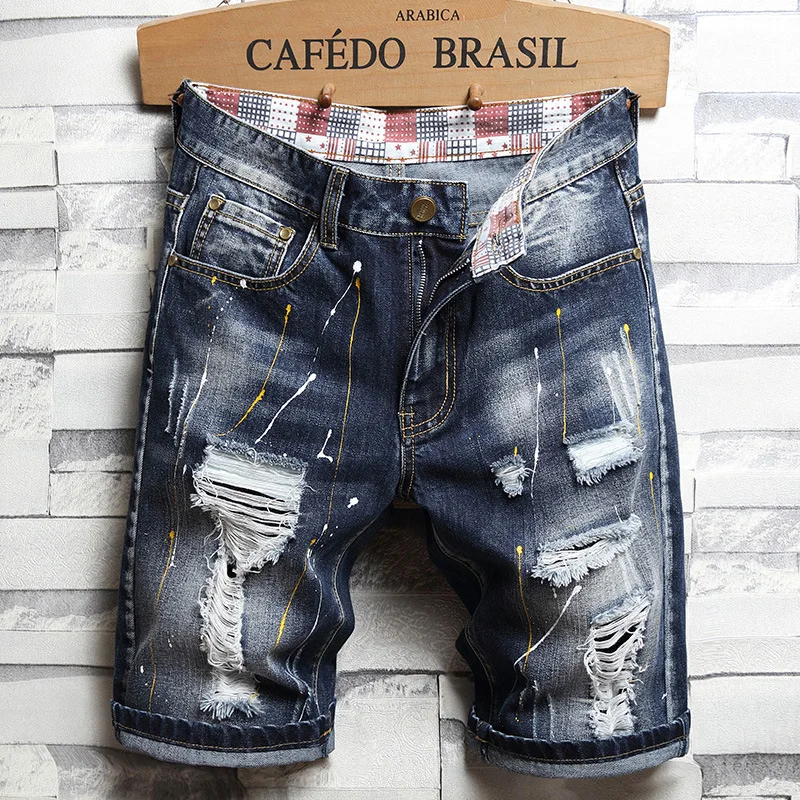 Large size denim shorts retro ripped slim men's five quarter pants with cloth medium pants ripped jeans 28-40