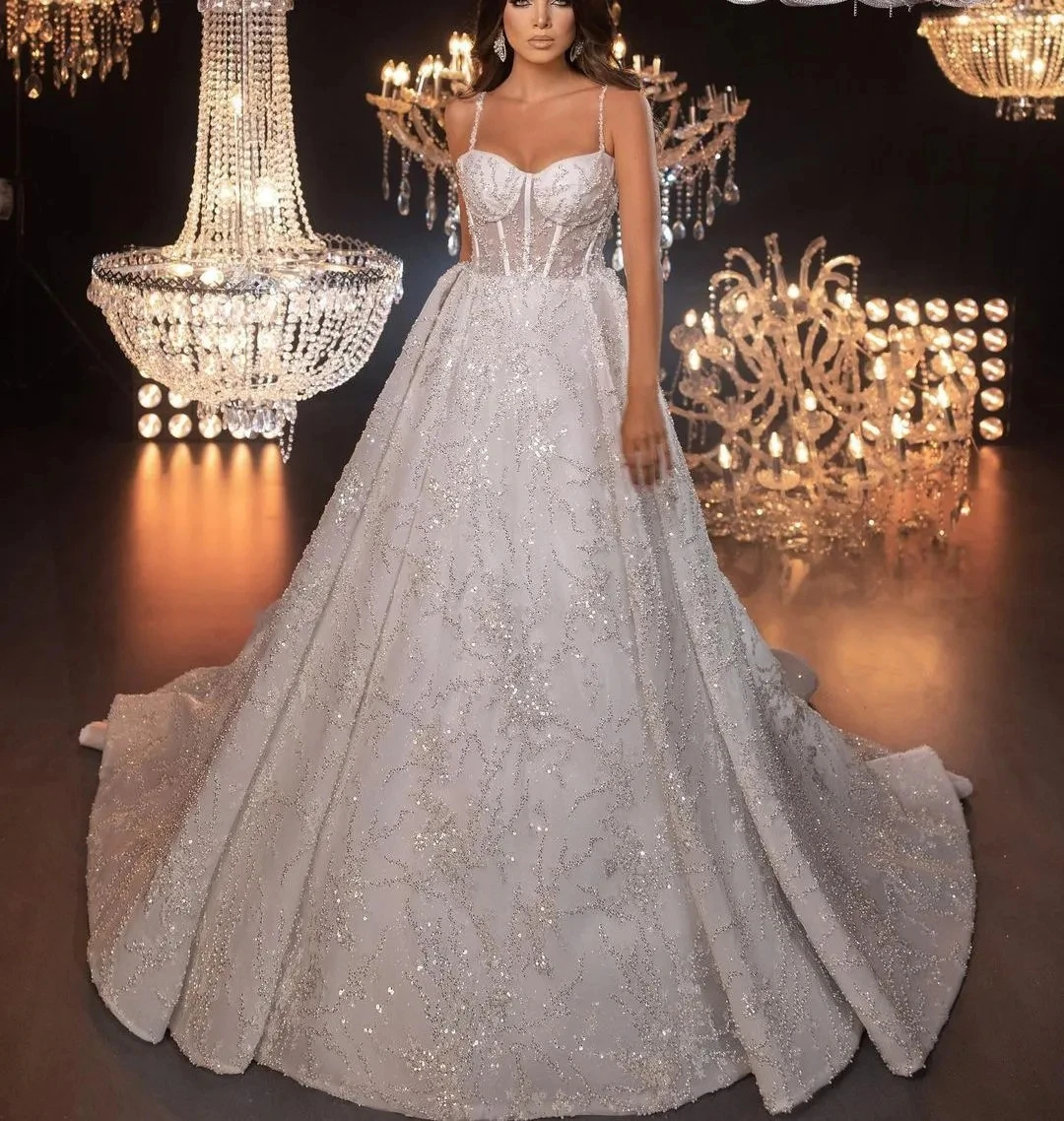 

Очаровательные свадебные платья с блестками и бисером, иллюзионные Свадебные платья на бретельках, индивидуальный пошив, платья для невесты