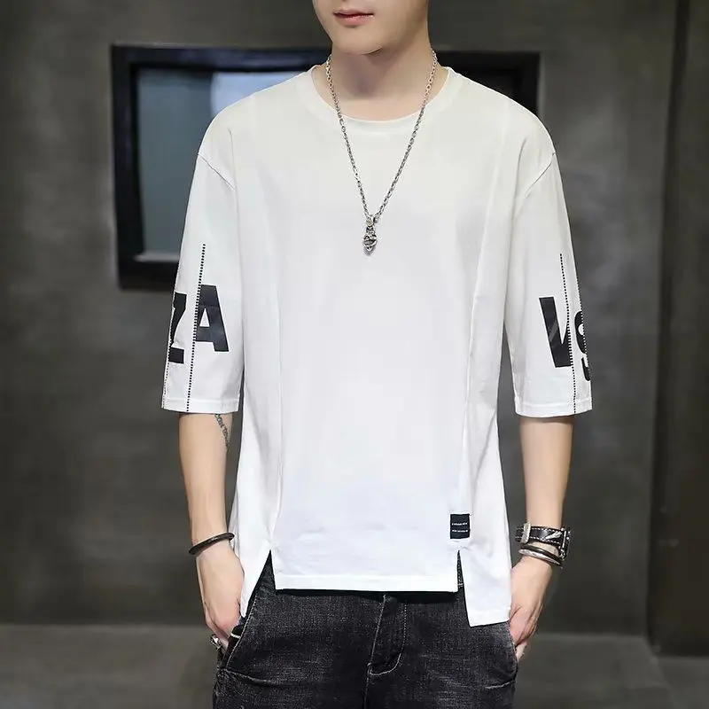 

Fashion O-Neck Spliced Printed Asymmetrical T-Shirt Men's Clothing 2023 Spring New Casual Pullovers Loose Irregular Tee Shirt