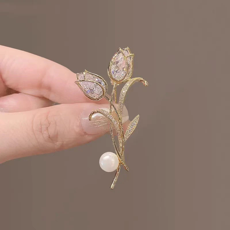 여성용 지르콘 튤립 꽃 진주 브로치, 달콤한 크리스탈 꽃 라펠 핀, 연회 파티 ..