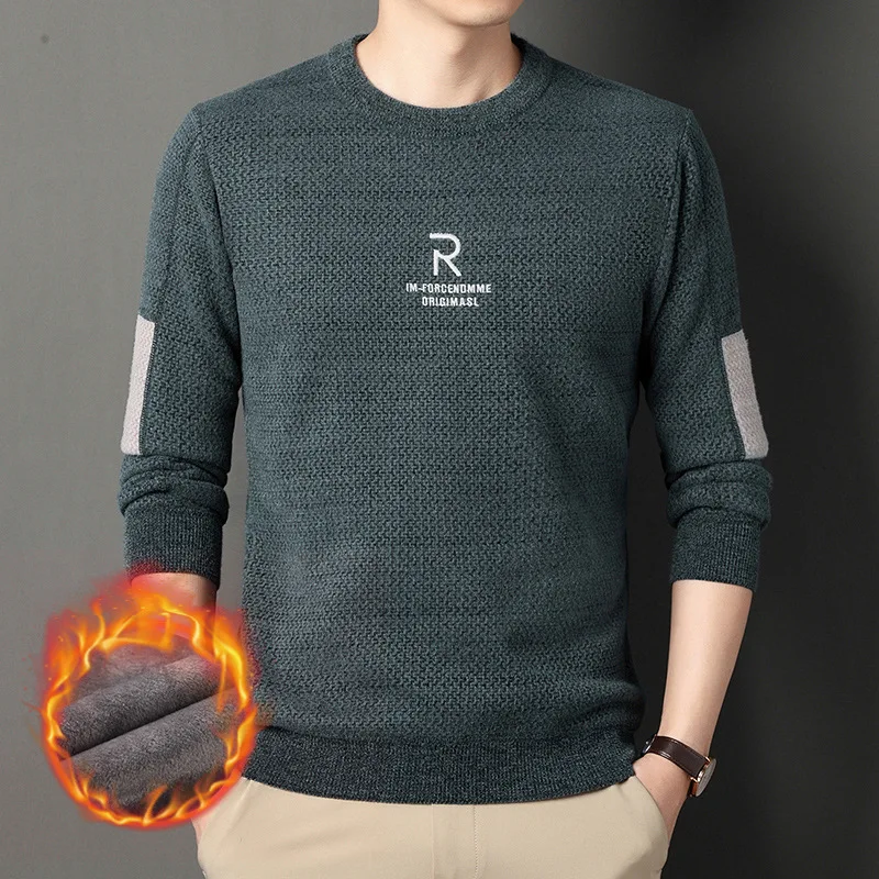 

Men's Clothing Fleece-lined Ferret Men's Knitwear Winter New round Neck Fashionable All-Matching Sweater Men's