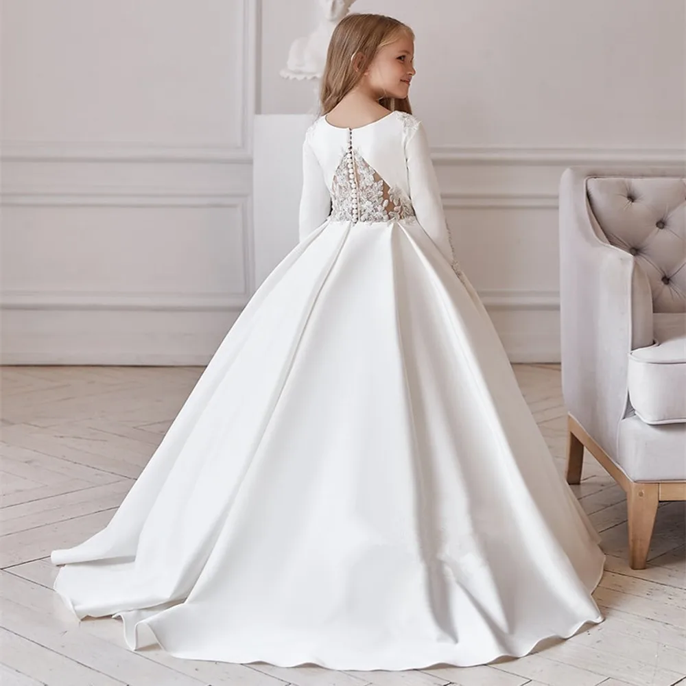 

Satin Long Sleeve Lace Beaded Floor Length Flower Girl Dresses For Weddings Little Kids Birthday Ball Gowns First Communion