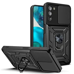 Slide Camera Lens Armor Case with Magnetic Holder Ring and Protective Cover for Moto G22 (Black)