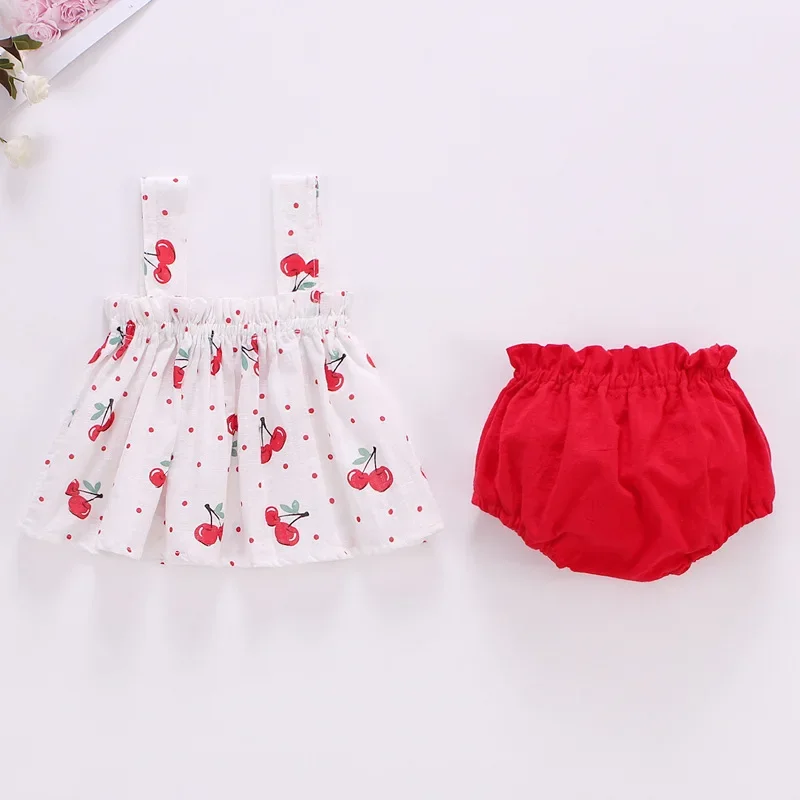 Baby Summer Dress Suit Baby Girl Clothes 0-2 Years Infant Toddler Cherry Sling Dress Bread Pants Two-piece Clothing Set KF1138