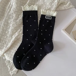 Women's Cute Frilly Dots Casual Fashion Long Socks - Breathable Preppy Style Cotton Comfort - One Size (Black)
