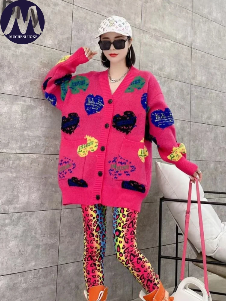 

Cardigan for Women 2023 Autumn/Winter New Lazy Style Love Pattern Knitted Sweaters Coats Fashion Casual Loose Women's Clothing