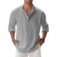 Streetwear Men Lightweight Shirts Long Sleeve Henley Cotton Linen Shirts for Men Beach Hawaiian Shirts Breathable Collar Tshirts 4