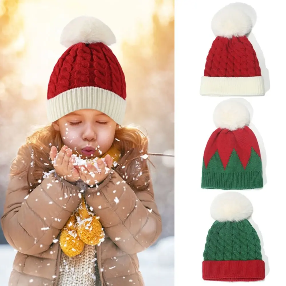 

Winter Christmas Hat Fur Pom Poms Hat Thick Hat for Kids Girl 's Knitted Beanies Hat Santa Claus Cap for Bells Baby Xma Gifts