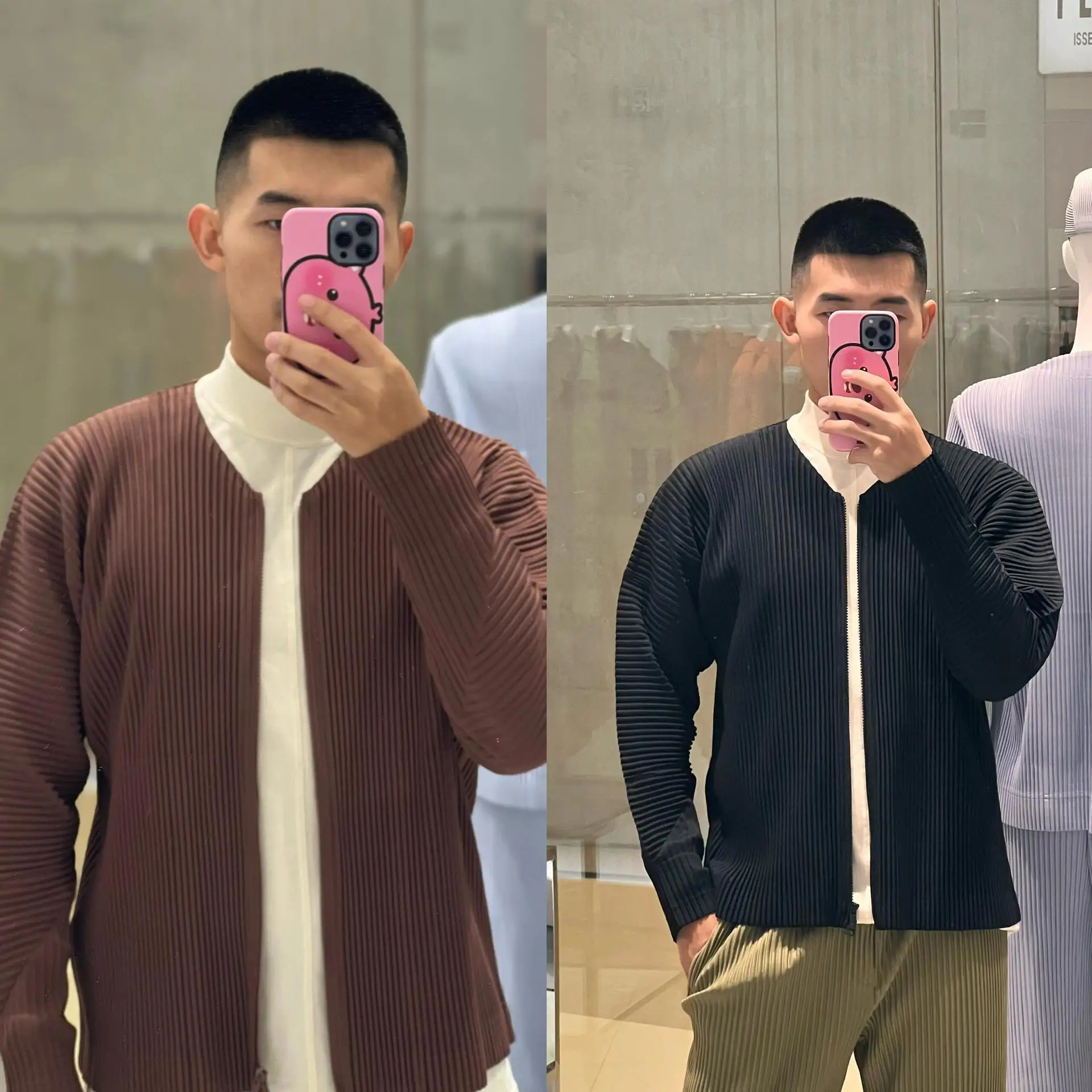 Miyake Primavera Autunno Inverno 2025 Giacca girocollo pieghettata da uomo Pieghettata Casual Manica lunga con scollo a V Plisse Giacca con cerniera da uomo 1