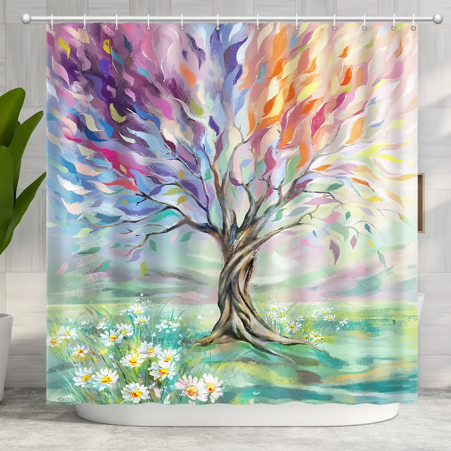 

Oil Painting Colored Seasons Tree Shower Curtain for Bathroom with Hooks Polyester Fabric Washable Bath Curtains Waterproof Sets