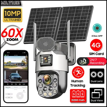 Telecamera solare con zoom ottico 60X 4K 4G SIM Doppia lente PTZ Tracciamento automatico umano 10MP CCTV Sorveglianza esterna 31200 Mah 7/24 ore Cam