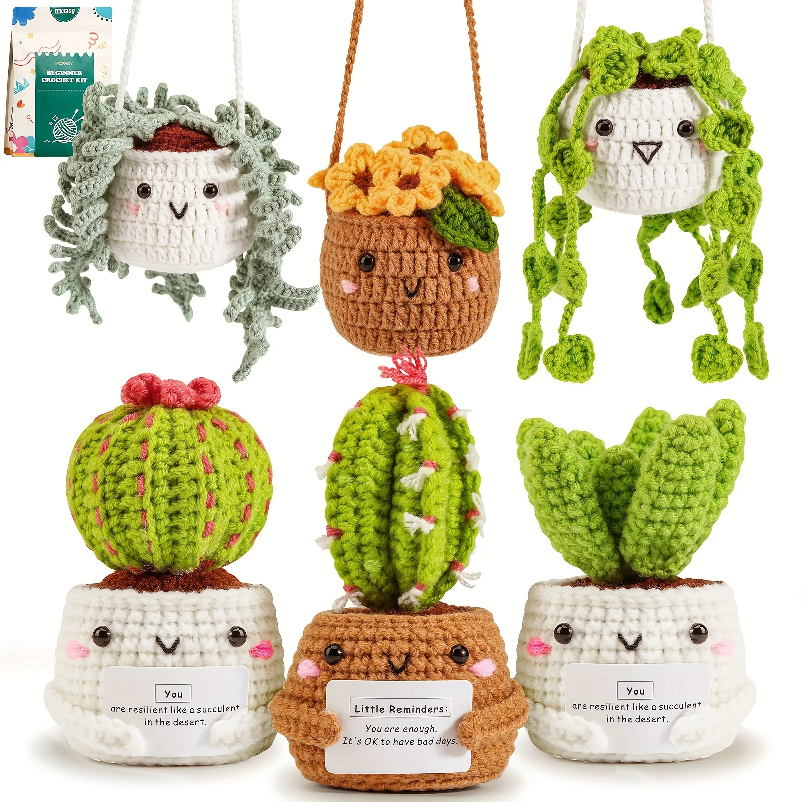 Crochet Kit for Beginners 6 PC Potted Plants and Succulent Family Crochet Kit with Accessories(40%+ Yarn)
