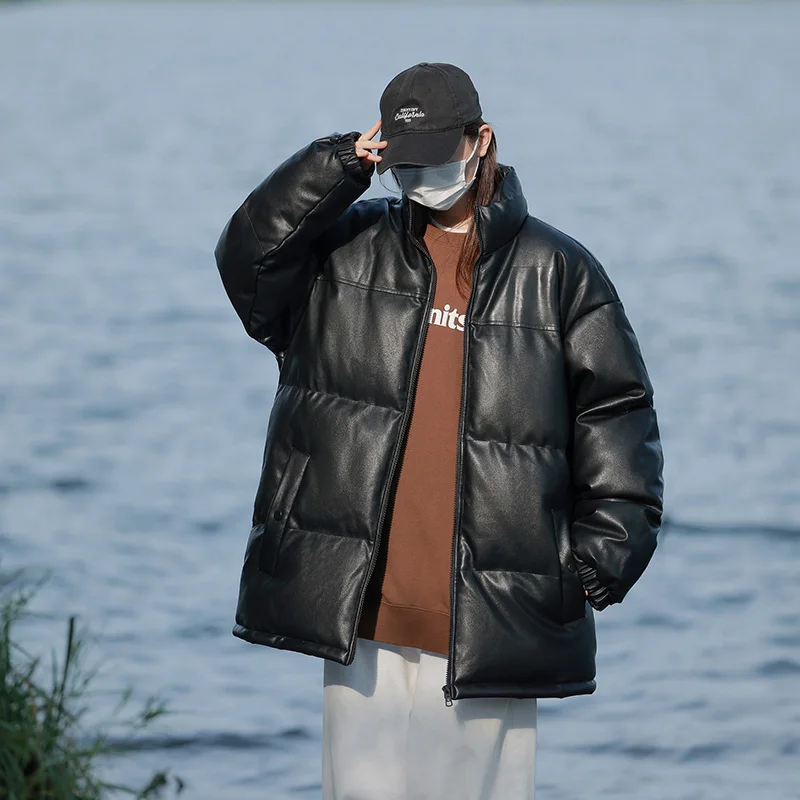 Winter Glossy Jacket Men's Loose and Warm Outdoor Windproof and Waterproof Travel Coat Couple Stand Up Collar Bread Jacket