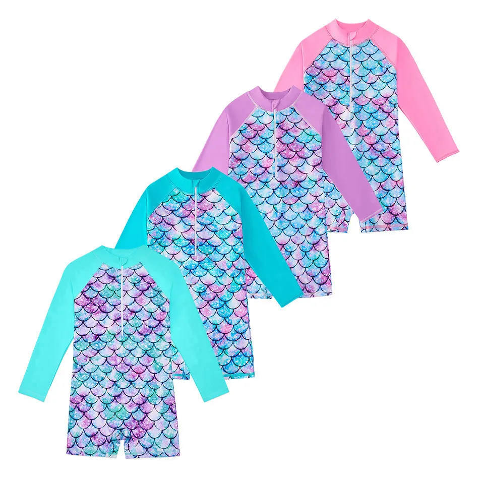

Children's Long Sleeved One Piece Mermaid Gradient Color 3D Printed Sunscreen Surf Suit Kids' Water Park Swimsuit