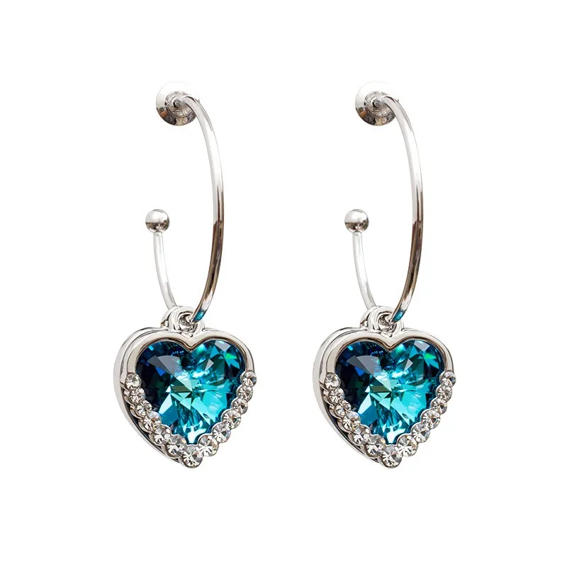 Fashion Heart Shaped Blue Rhinestones Earrings Women Exquisite Blue Zircon Love Earrings Pendientes Largos Mujer Originales