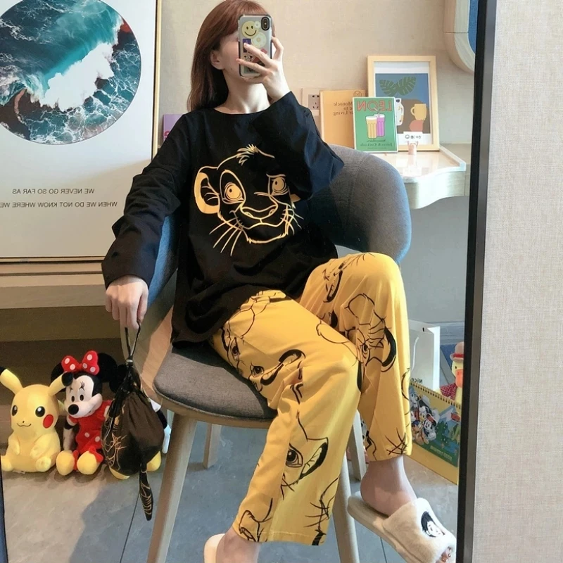 The Lion King Simba Cute Pajamas Set Autumn Winter Long Sleeve Leisure Sleepwear For Women Loose Nightwear Homewear Suit cotton pajama set