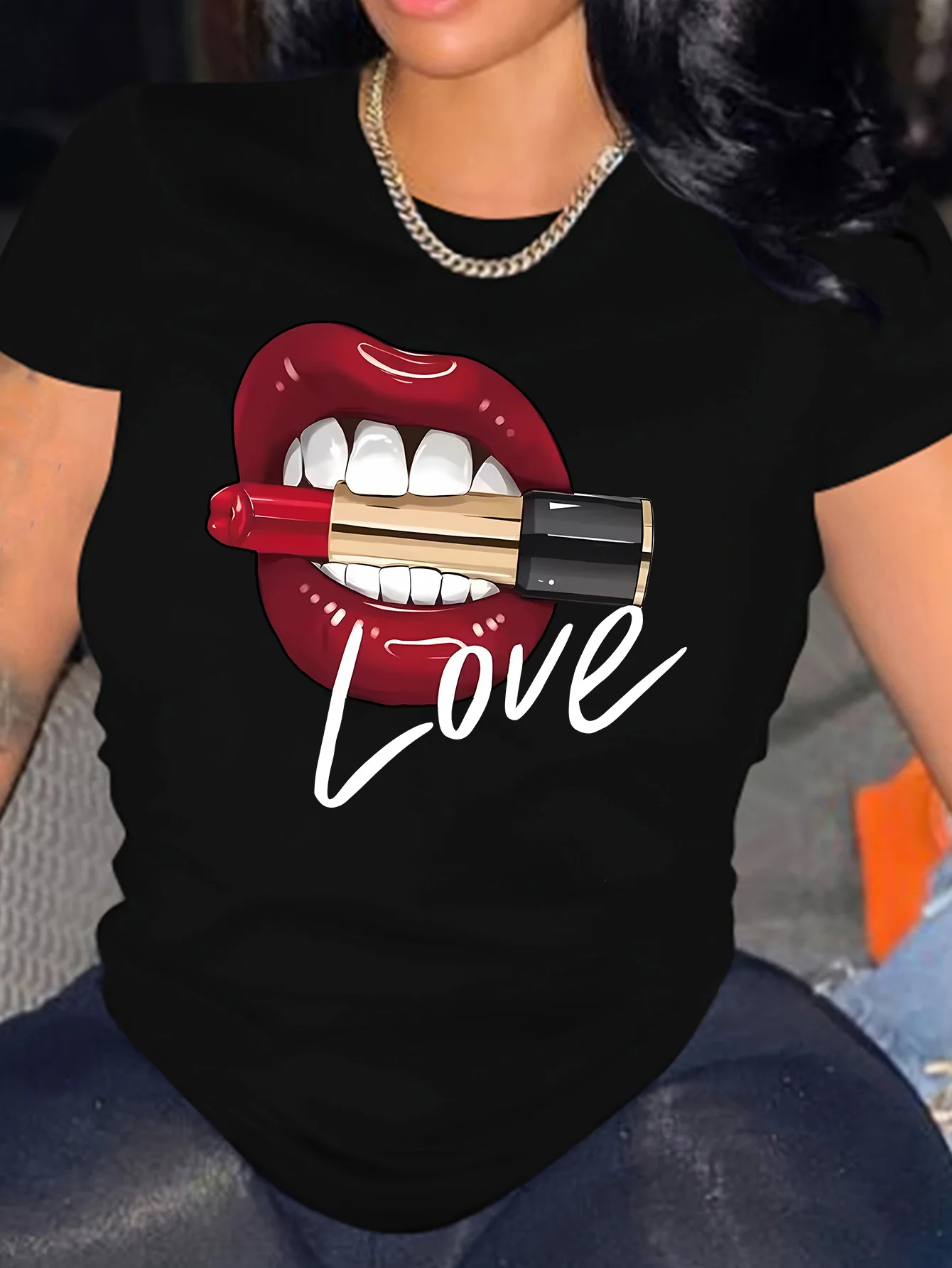 

Lipstick & Lips Print Crew Neck T-Shirt, Casual Short Sleeve T-Shirt For Spring & Summer, Women's Clothing women t shirt