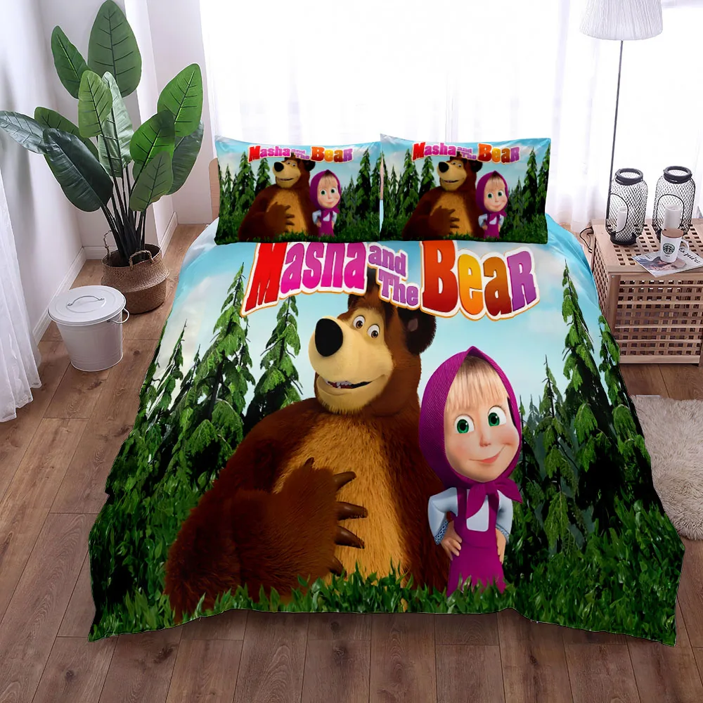 Masha Cartoon Duvet Cover Set without sheet King Queen Double Full Twin Single Size Bed Linen Set 4
