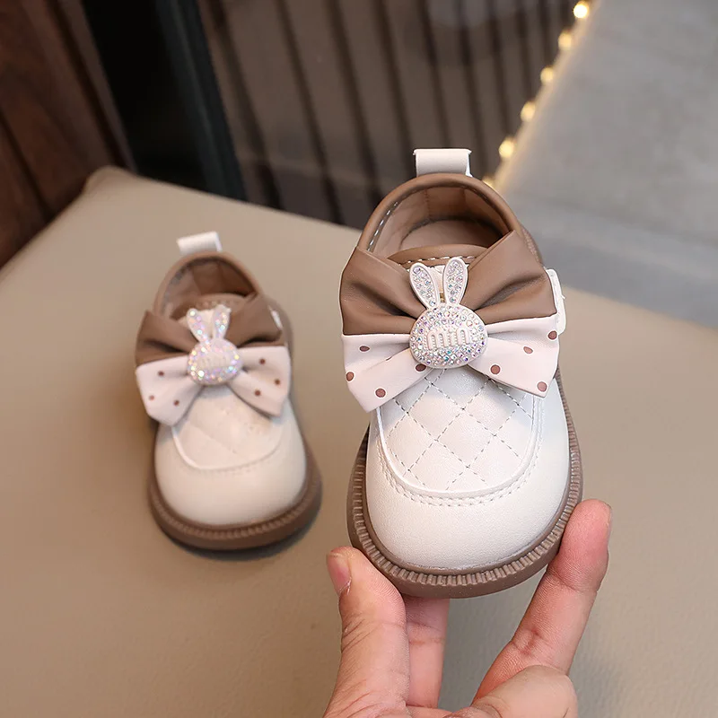 Girls Leather Shoes Sweet Rabbit Bowtie Children's Flats Spring Autumn Elegant Kid Causal Princess Wedding Mary Jane Shoes Soft