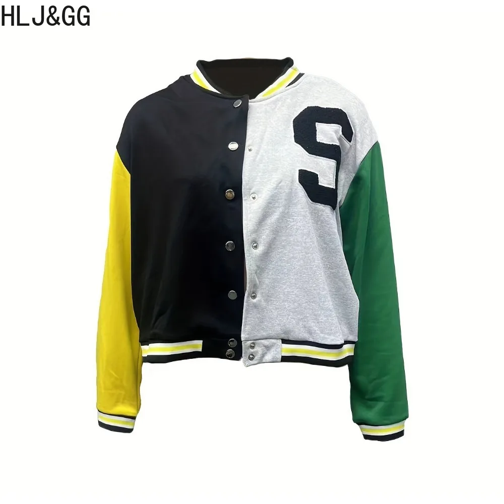 HLJ&GG Fashion Streetwear Women Letter Embroidery Patchwork Baseball Jacket Casual Female V Neck Button Long Sleeve Coats Tops