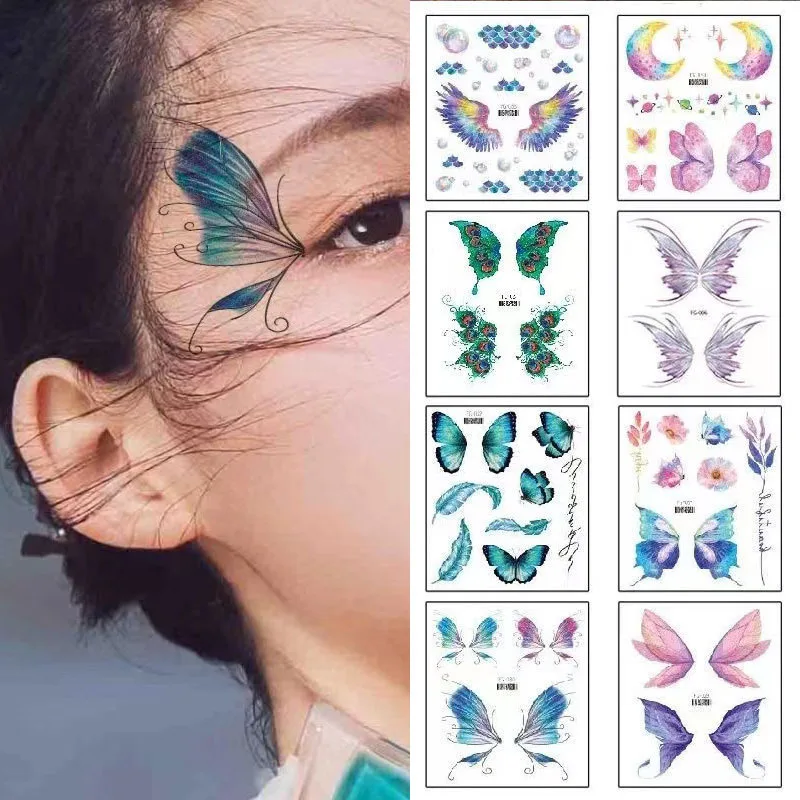 1Sheet Fairy Butterfly Wings Shiny Tattoo Sticker Waterproof Eyes Face Art Fake Tattoos for Women Makeup Dance Music Festival
