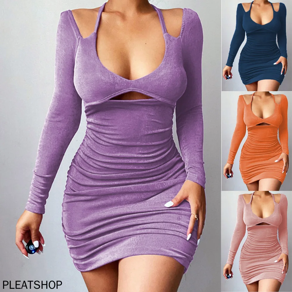 

European and American Fashion Autumn and Winter New Sexy Bright Face Slim-fit Sling Strap Long-sleeved Dress Women Vestido Robe
