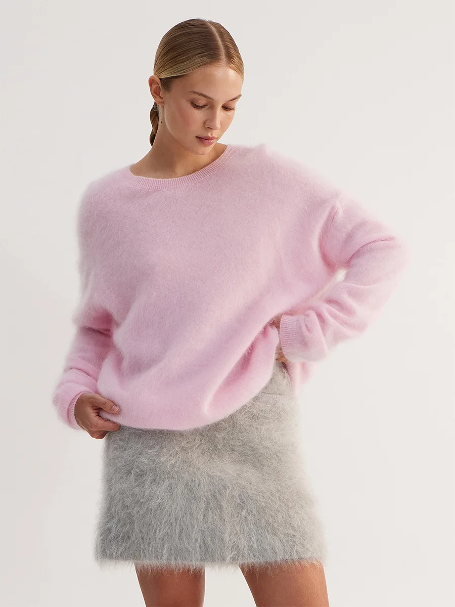 Bornladies Women's Solid Color Knit Sweater Loose Fit Crew Neck Long Sleeve Casual and Relaxed Autumn Winter Fashion Jumpers