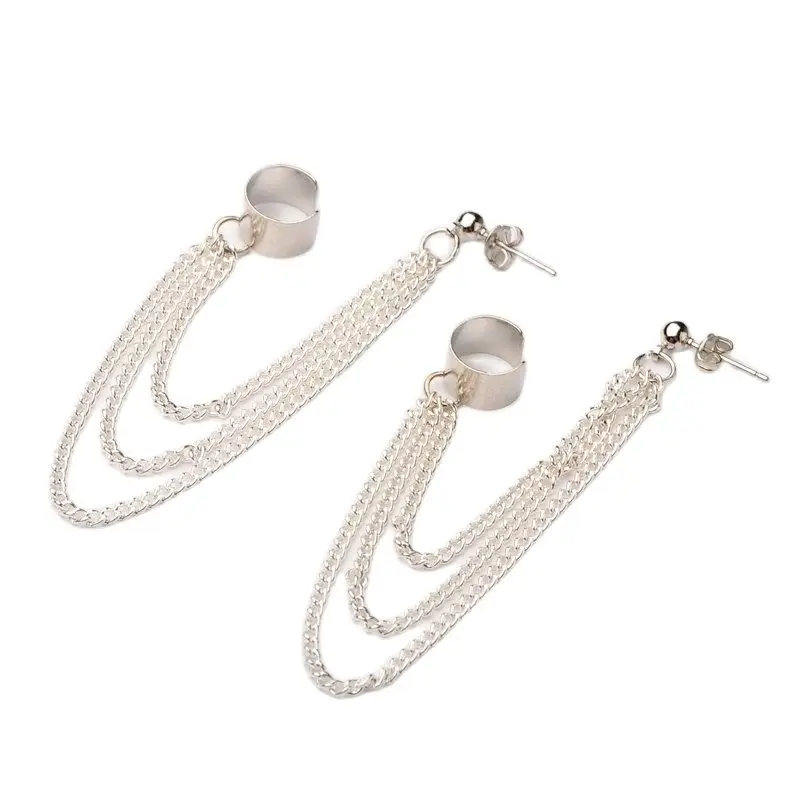 Kissitty 12Pairs Platinum Color Stylish Iron Twisted Chains Ear Studs For Women Brass Cuff Earrings Jewelry Findings Gift