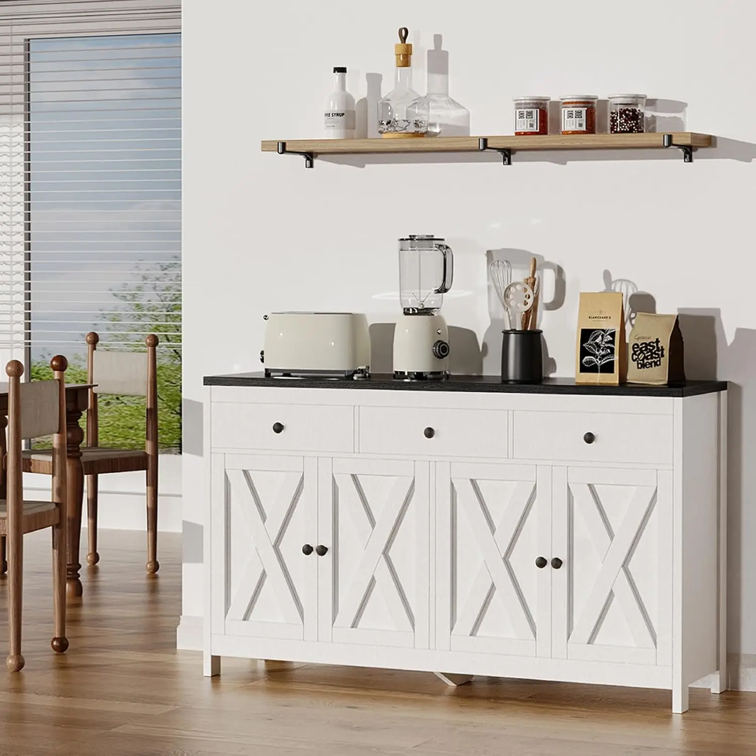 REDLIFE 55" Farmhouse Buffet Cabinet Storage Sideboard w/ Drawers Coffee Bar Display Cabinet for Dining Room Kitchen Living Room
