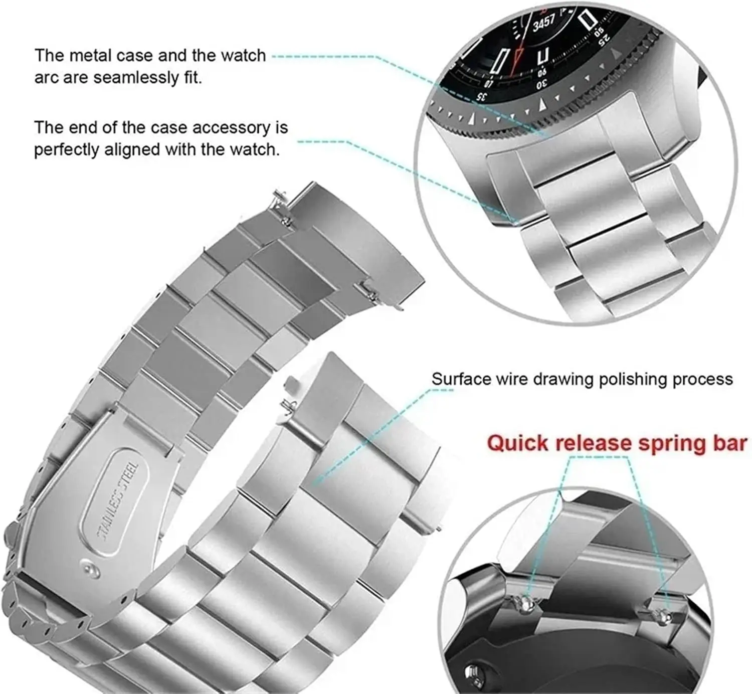 Classic Three-Bead Stainless Steel Sports Strap, 20mm/22mm