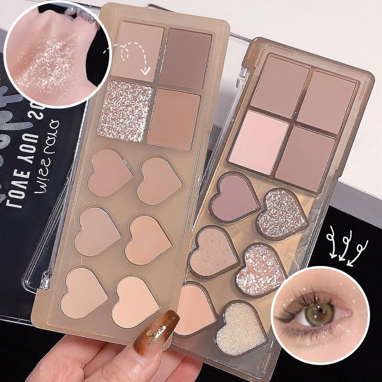 

Miss lara 10 Colors Eyeshadow Palette Heart Shape Eye Shadow Shine Pearl Sequins Glitter Matte Makeup Plate Glitter Eyeshadow