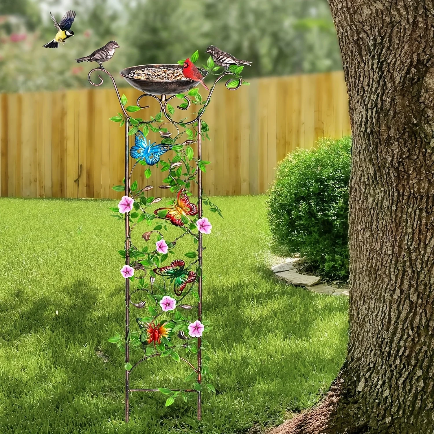 40in Bird Bath for Climbing Plants Outdoor with Garden Trellis with Decorative Butterflies Free Standing Detachable