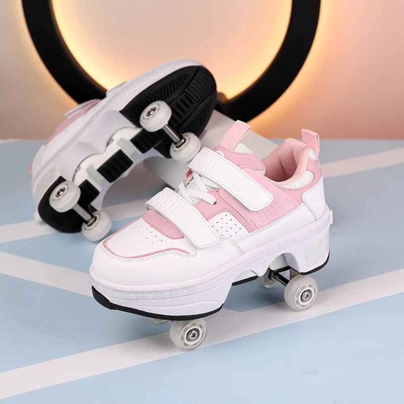 Children Wheels Shoes Roller Sneakers 4 Wheels Skates Adult Runaway Parkour Deformation Shoes Women Men Youth Kids Gift