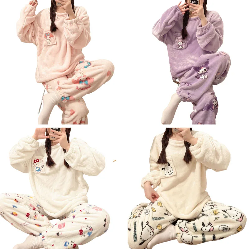 

Пижама Sanrios из кораллового флиса, зимняя, Hellokittys, понравило, бархатная утепленная Домашняя одежда из мультфильма аниме, милый костюм для девочек