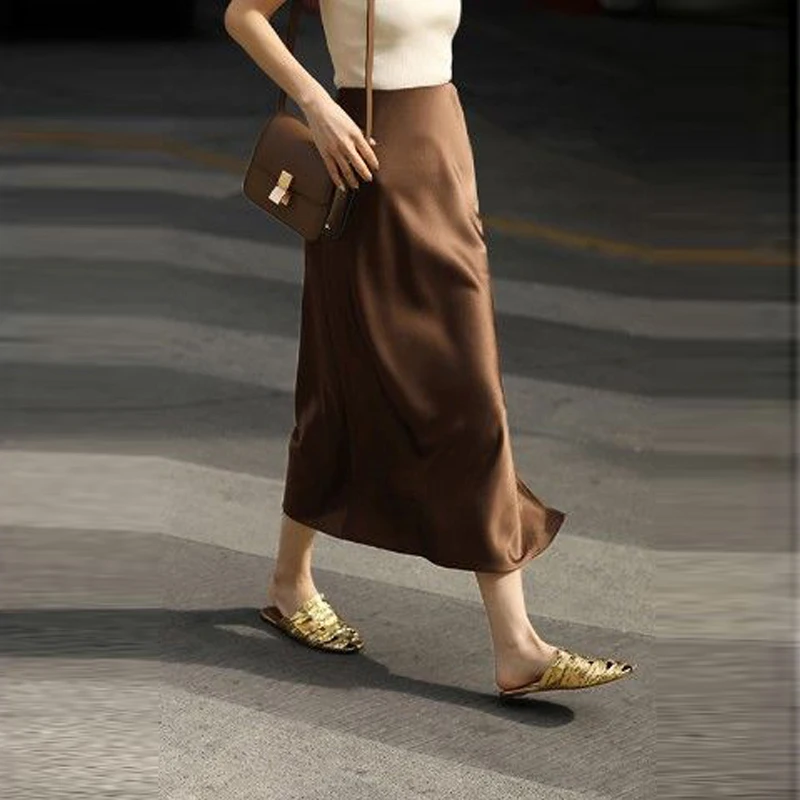 

2024 Summer Women Elegant Fashion Satin Vintage High Waist Party Skirts Office Lady Luxury Solid Sexy Split Slim Midi Skirt Saia