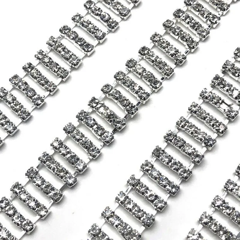 

10Yards Beautiful 4 Rows Clear Diamante Crystal Rhinestone Chain Trim Silver Cake Band Ribbon DIY Sewing