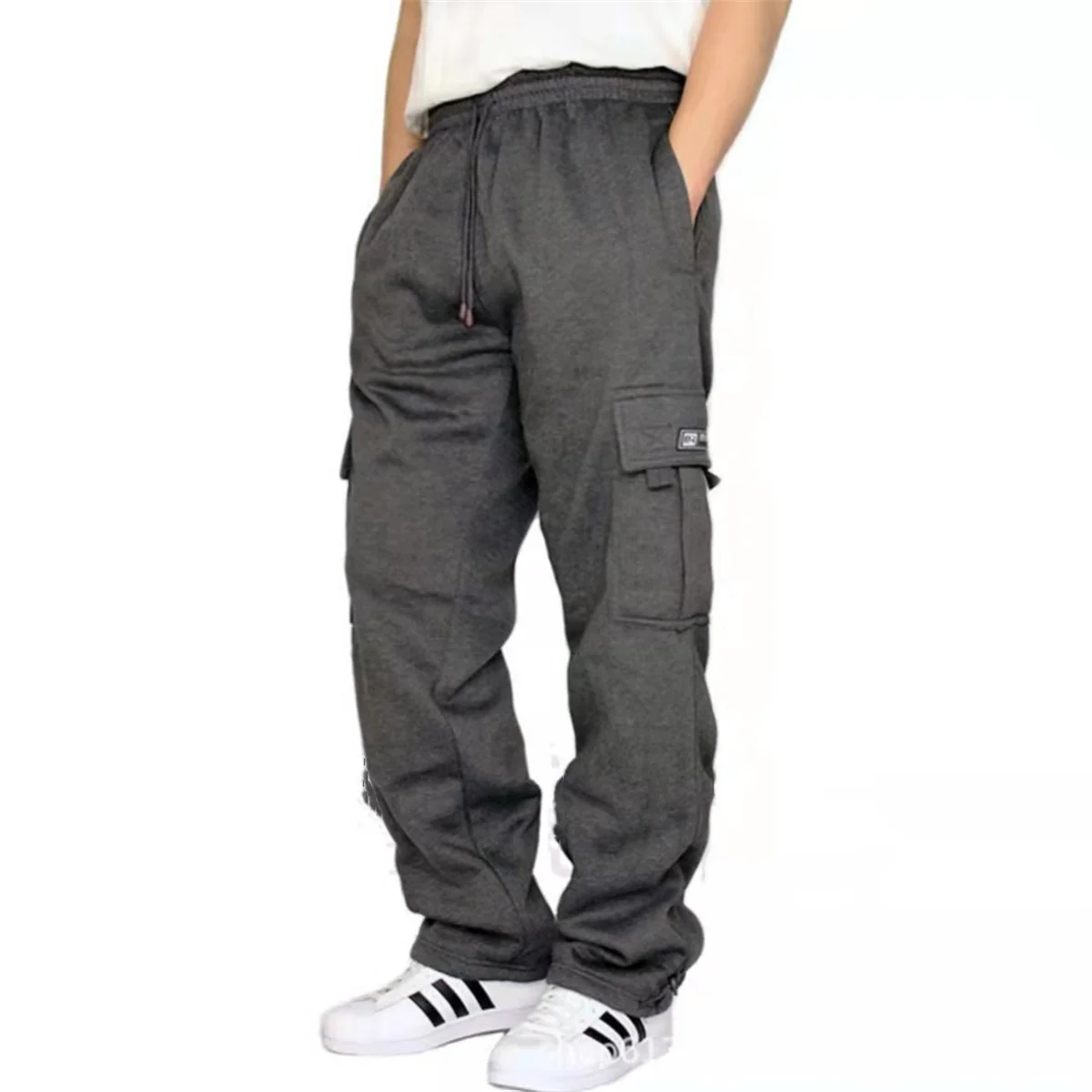 Autumn And Winter New Men Plus Thin Fleece Bunched Feet Tooling Casual Side Pocket Sports Fashion Straight Plus Size Pants 6