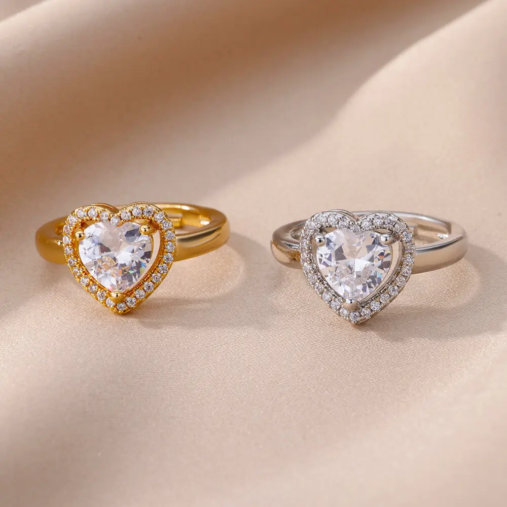 Stainless Steel Heart Rings Women Zircon Gold Plated Heart Adjustable Ring Femme Wedding Party Accessories Jewelry Gift