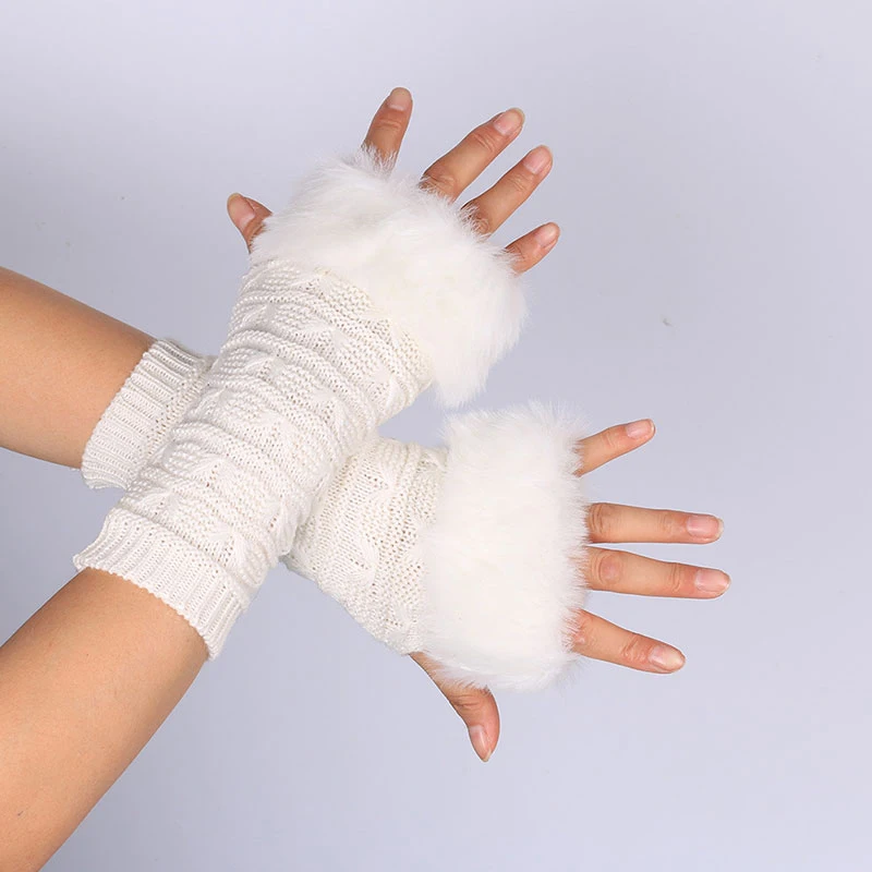 

Autumn Winter Knitted Arm Sleeves Furry Mouth Long Fingerless Gloves Plush Arm Warmer Lady Fingerless Protection Hand Mittens