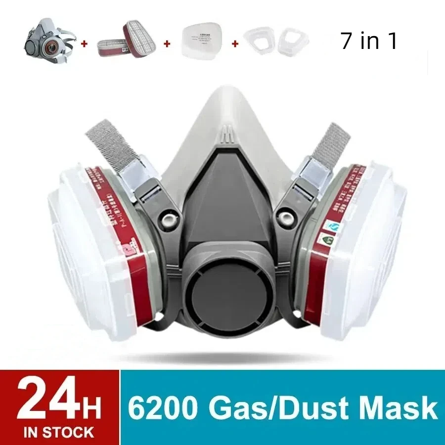 7 in 1 Original 6200 Respirator Reusable Half Face Cover Gas Mask with Cotton Filter Goggles for Painting Spray Polishing Work 2