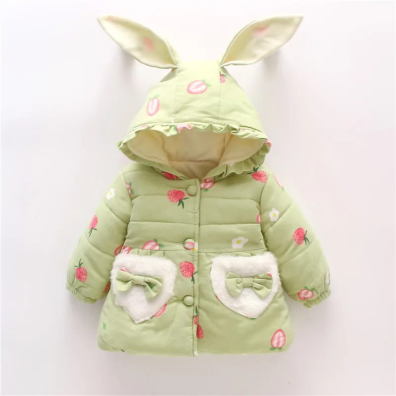 Winter girl cotton jacket cute rabbit ear hooded jacket sweet solid color small strawberry printed cotton