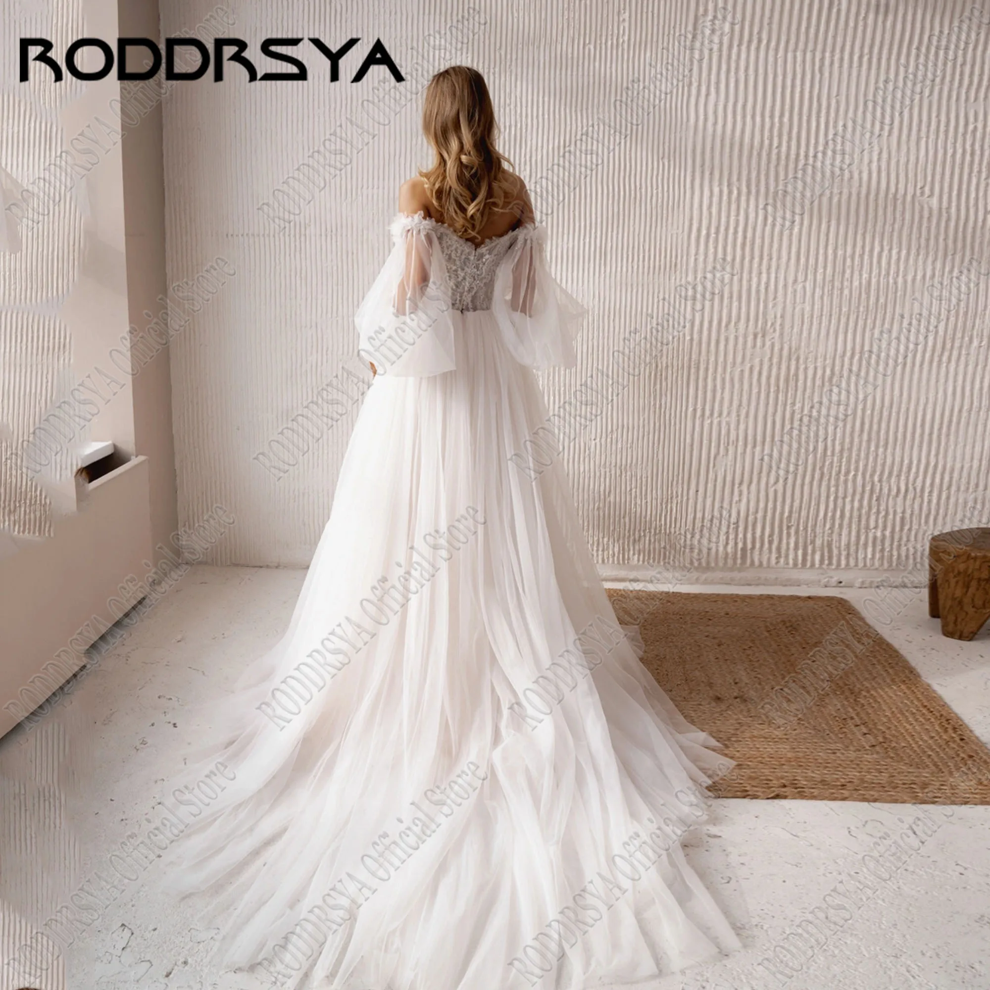 RODDRSYA Lace Sweetheart Wedding Gowns Long Puff Sleeves A-Line Tulle Bride Dress vestido de noiva civil Sweep Train Customized 2