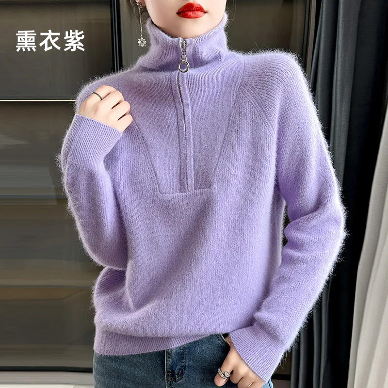 

Женский кашемировый свитер на молнии, повседневный Свободный вязаный пуловер с воротником-поло, Осень-зима 100%
