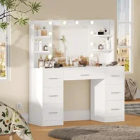 Vanity Desk, Makeup Vanity with 10 LED Lights & 7 Metal Sliding Drawers, Brightness Adjustable, Vanity Table with 6 Open Shelves 1