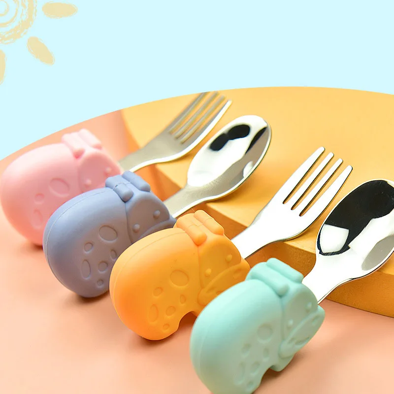 Children's Silicone Tableware Set, Hippo, Snail, Whale, Baby Spoon and Fork, Utensils Set, Learn to Eat Tools