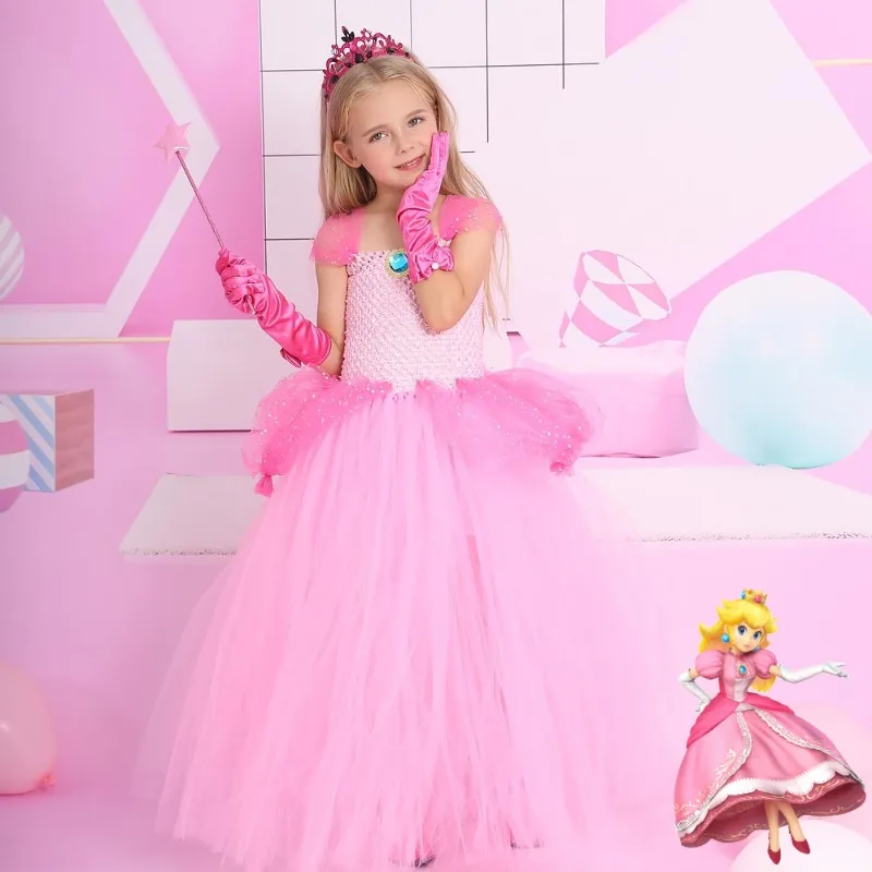Super Marios Bros Peach Princess Cosplay Dress For Girls Eseguire Costume Tutu Abiti Summer Girl Princess Party Lace Cake Dress