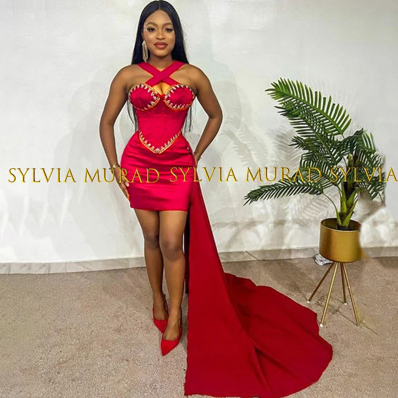 

Red Short Evening Dress Rhinestone Beaded Criss Cross Neck Sleeveless Sheath Streamer Mini Formal Party Dresses For Women