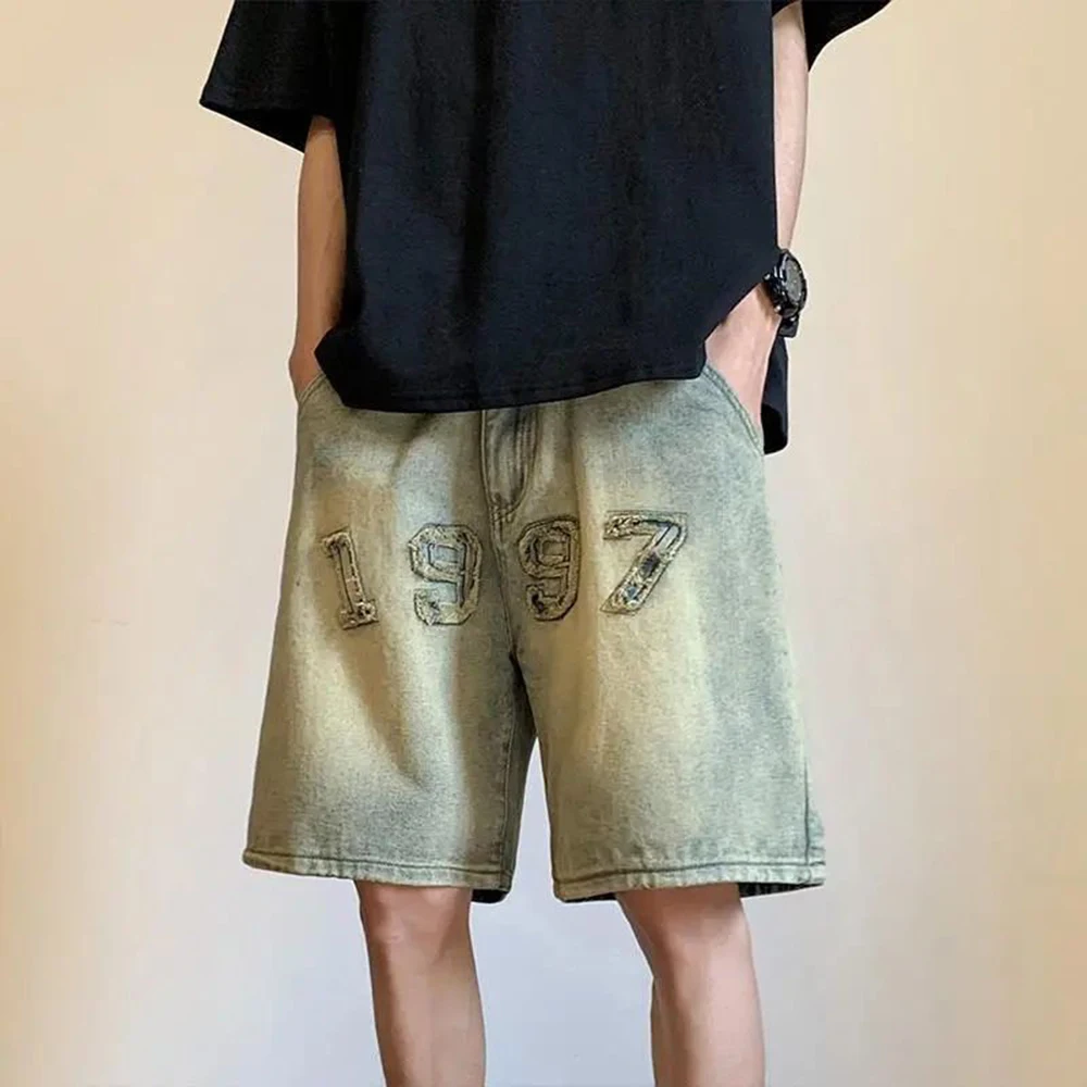 Men's Washed Old Denim Shorts Summer Loose Wide-leg Embroidery Straight Five-point Pants American High Street Hiphop Pants