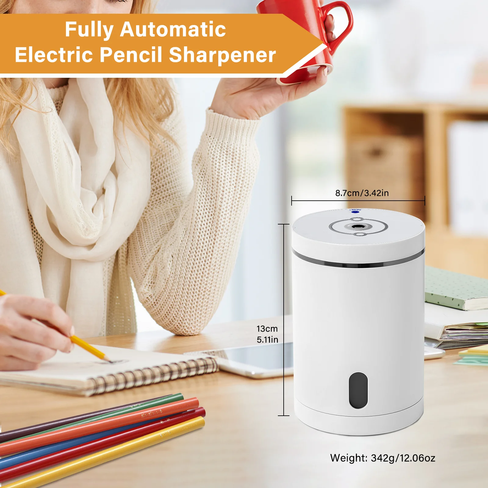 흰색 휴대용 자동 연필깎이, 6-8mm 연필과 호환 가능, 자동 공급 메커니즘, 오래 지속되는 배터리 수명