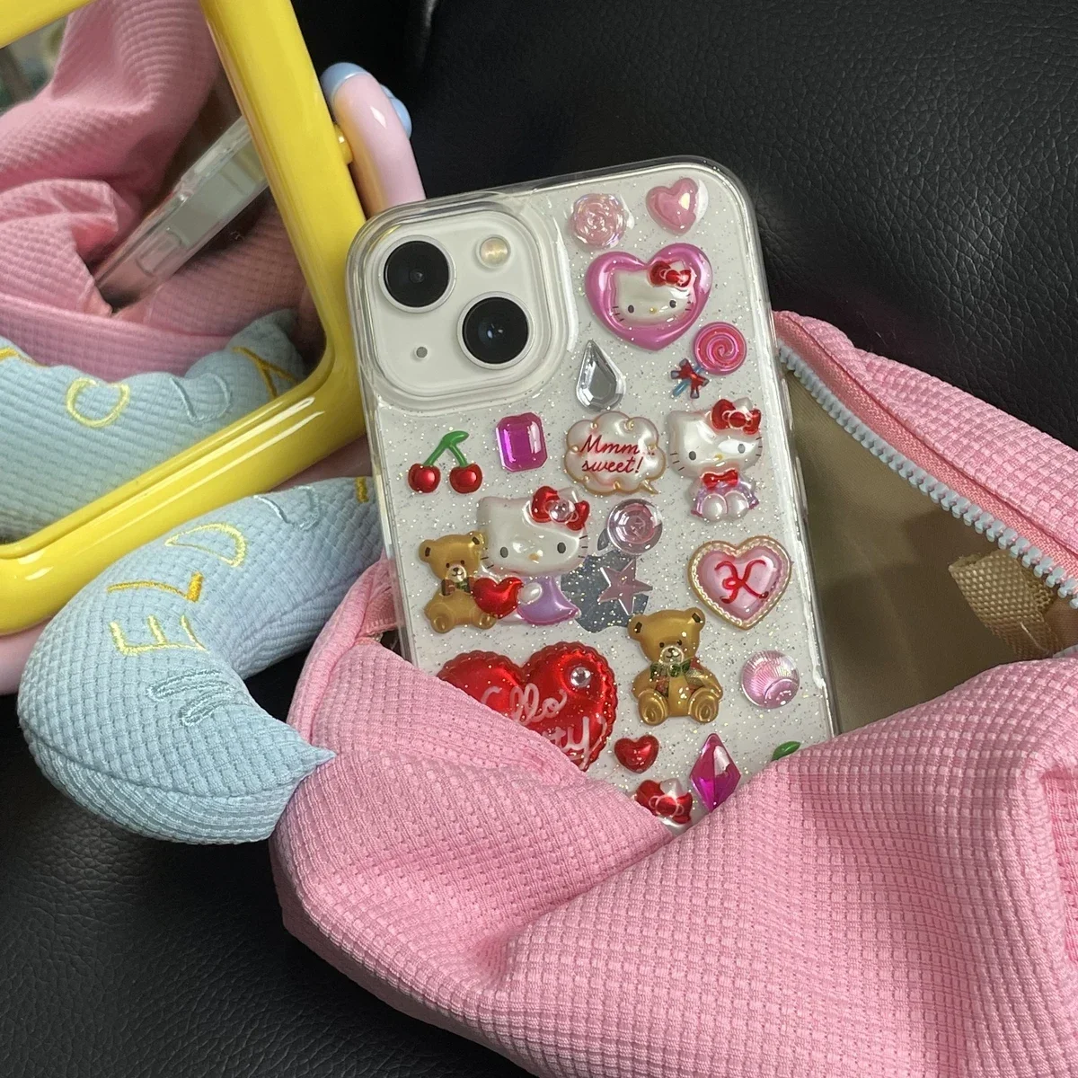 3D Cute Cartoon Sanrio Y2K Hello Kitty Sticker Bling Glitter Phone Case For iPhone 15 14 13 12 11 Pro Max Transparent Soft Cover